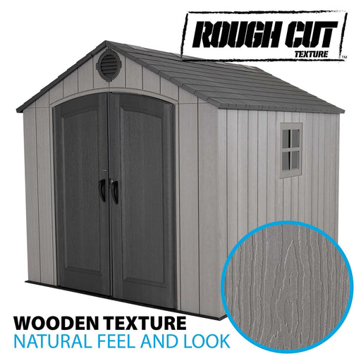 Features about the wooden texture of Lifetime storage shed displaying a natural feel and look