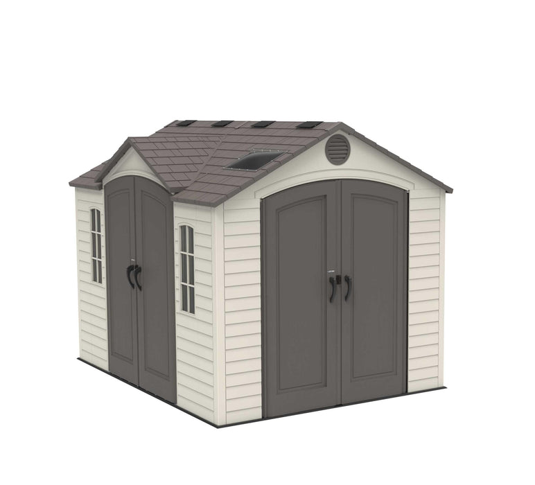 A Lifetime 10 Ft. X 8 Ft. Outdoor Storage Shed - 60001 with two doors and a roof.