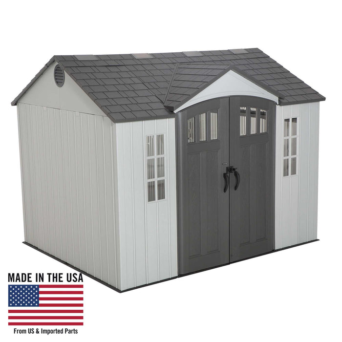 A Lifetime 10 Ft. X 8 Ft. Outdoor Storage Shed - 60243 with an american flag on it.