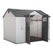 A Lifetime 10 Ft. X 8 Ft. Outdoor Storage Shed - 60243 with a door open on a white background.