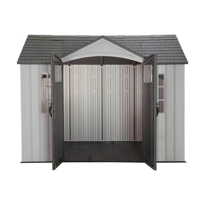 A Lifetime 10 Ft. X 8 Ft. Outdoor Storage Shed - 60243 with doors open on a white background.