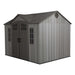 A Lifetime 10 Ft. X 8 Ft. Outdoor Storage Shed - 60330 with gray siding and doors.