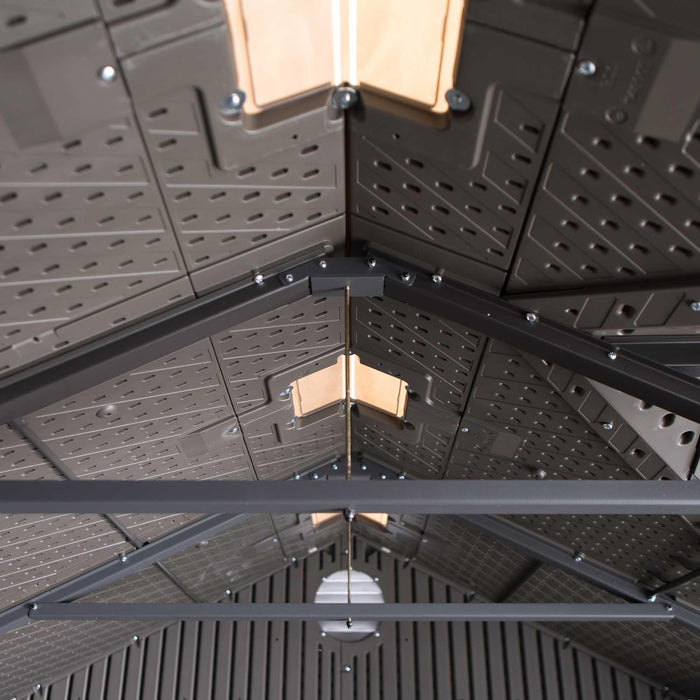 The Lifetime 10 Ft. X 8 Ft. Outdoor Storage Shed - 60330 on the ceiling of a metal building with lights on it.