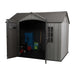 Front view of the Lifetime 10 Ft. X 8 Ft. Outdoor Storage Shed with doors open, showing garden tools and supplies inside, SKU 60330.