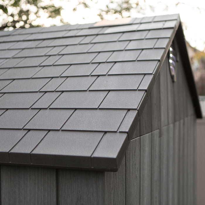 A close up of a gray roof on a Lifetime 10 Ft. X 8 Ft. Outdoor Storage Shed - 60330.