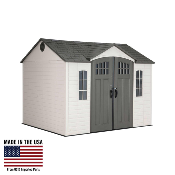 A Lifetime 10 Ft. X 8 Ft. Outdoor Storage Shed - 60333 with an american flag on it.