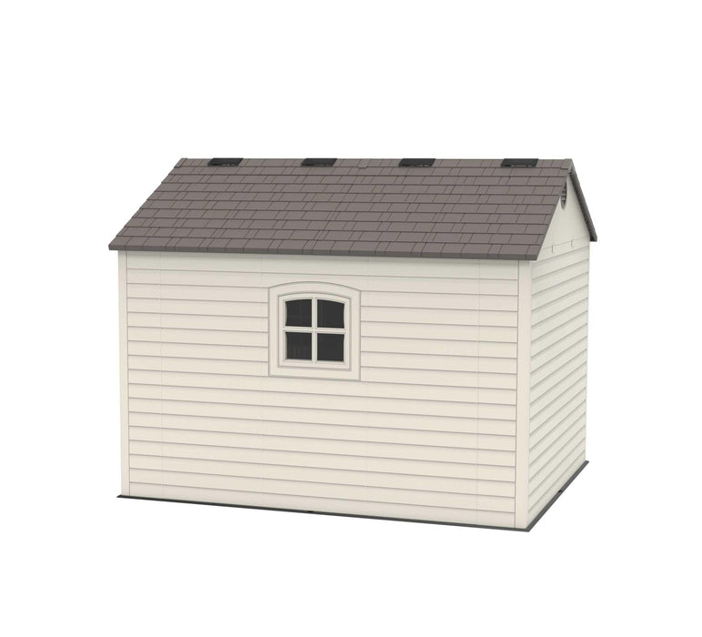 A Lifetime 10 Ft. X 8 Ft. Outdoor Storage Shed - 60001 with a brown roof.