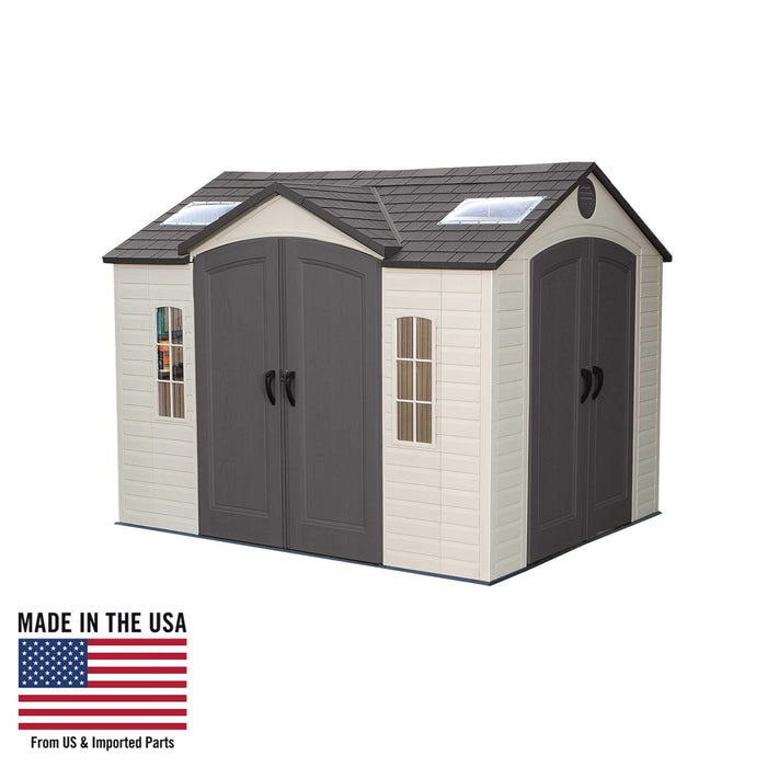 A Lifetime 10 Ft. X 8 Ft. Outdoor Storage Shed - 60001 with an american flag on it.