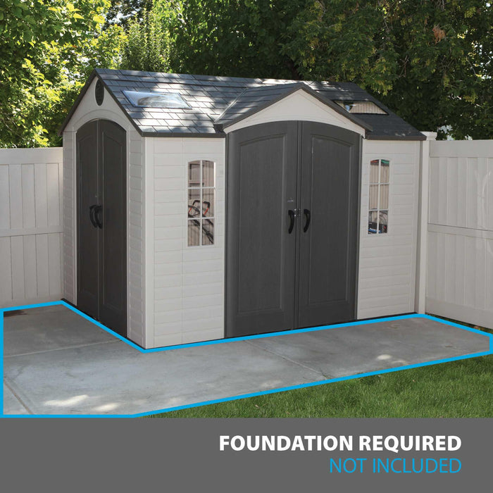 An image of a Lifetime 10 Ft. X 8 Ft. Outdoor Storage Shed - 60001 with the words foundation required.
