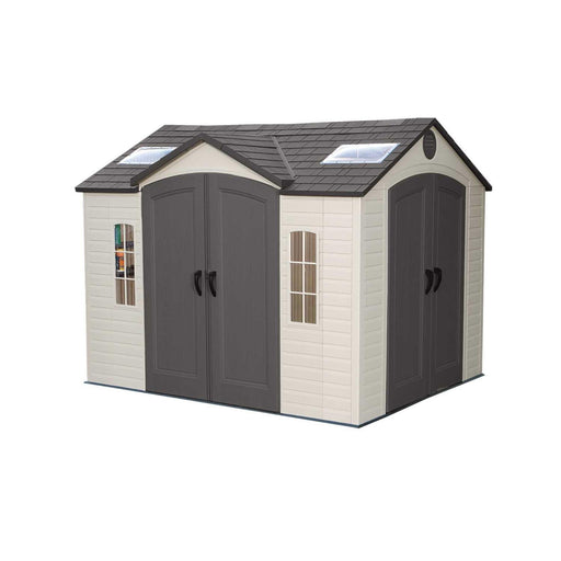 Front view of a beige and gray Lifetime 10 Ft. X 8 Ft. Outdoor Storage Shed with skylights and a gable roof