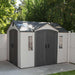 Side view of the Lifetime 10 Ft. X 8 Ft. Outdoor Storage Shed with a closed door and windows