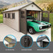 An image of a Lifetime 11 Ft. X 21 Ft. Outdoor Storage Shed - 60237 by Lifetime with a green muscle car.