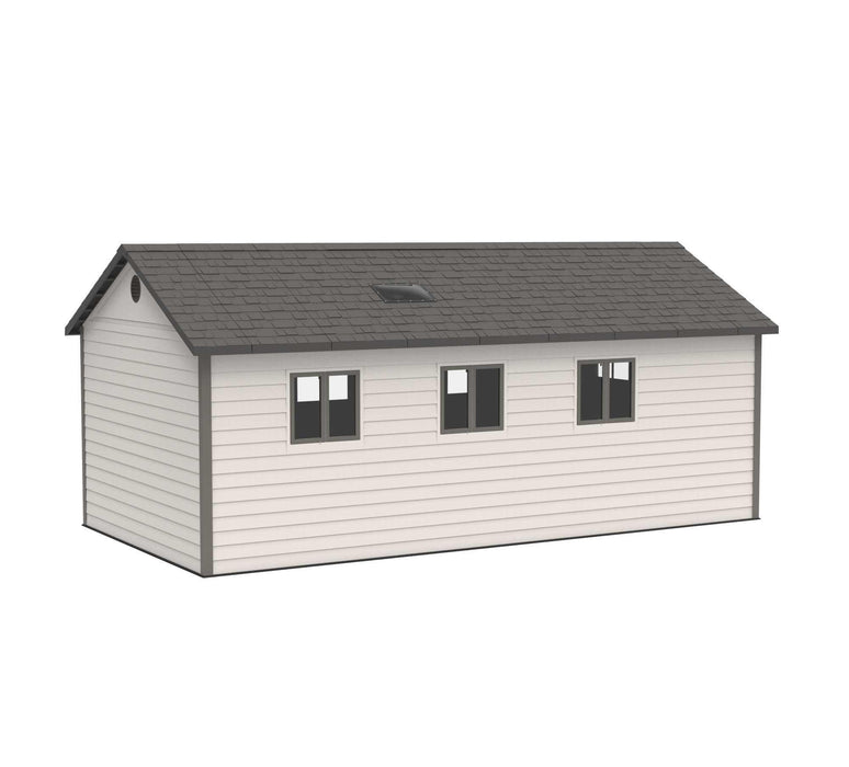 A Lifetime 11 Ft. X 21 Ft. Outdoor Storage Shed - 60237 with a black roof.