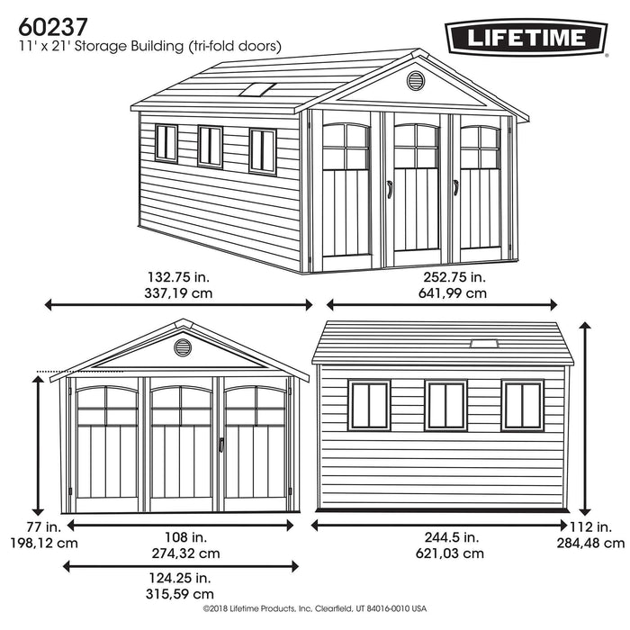 A diagram showing the dimensions of a Lifetime 11 Ft. X 21 Ft. Outdoor Storage Shed - 60237 by Lifetime.