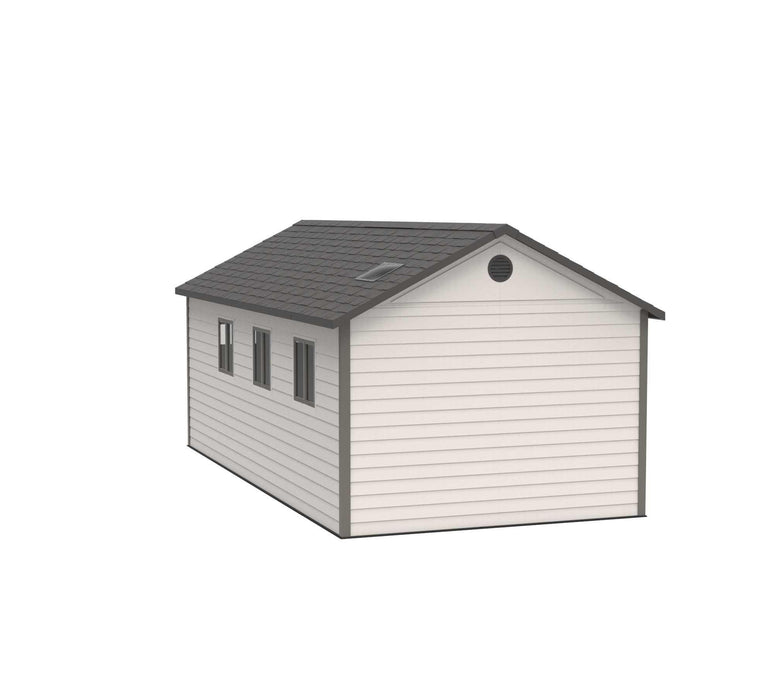 A Lifetime 11 Ft. X 21 Ft. Outdoor Storage Shed - 60237 with a black roof on a white background.