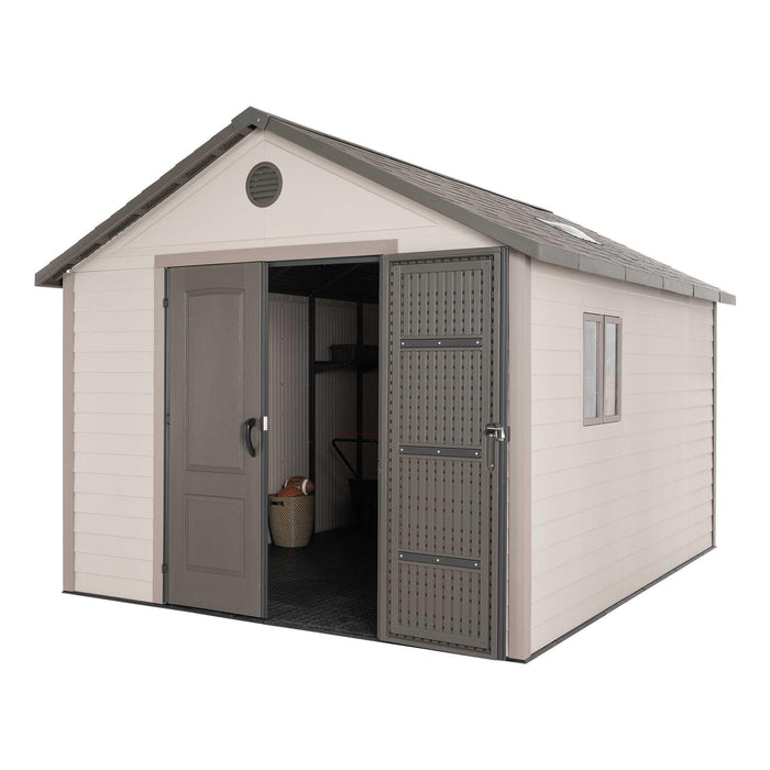 A Lifetime 11 Ft. X 13.5 Ft. Outdoor Storage Shed - 6415 with a door open.