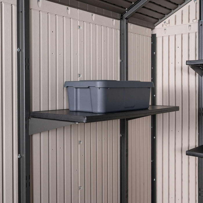 A Lifetime 11 Ft. X 13.5 Ft. Outdoor Storage Shed - 6415 in a metal shed.