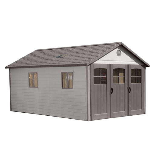 A Lifetime 11 Ft. X 18.5 Ft. Outdoor Storage Shed - 60236 with two doors and a roof.