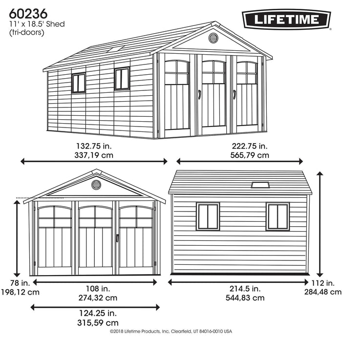 A diagram showing the dimensions of a Lifetime 11 Ft. X 18.5 Ft. Outdoor Storage Shed - 60236 shed.