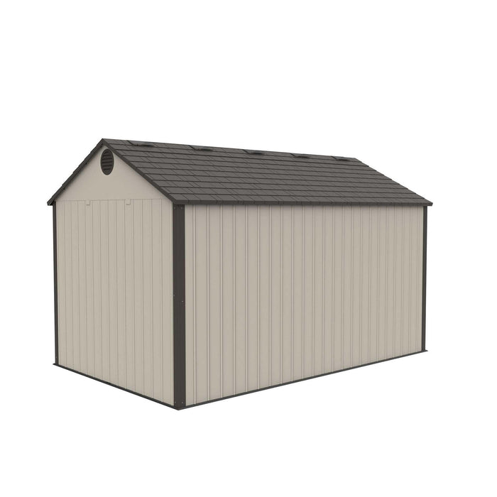 A Lifetime 12.5 Ft. X 8 Ft. Outdoor Storage Shed - 60223 in beige and black on a white background.