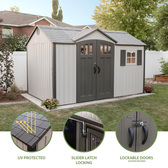 A Lifetime 12.5 Ft. X 8 Ft. Outdoor Storage Shed - 60223 with different features.