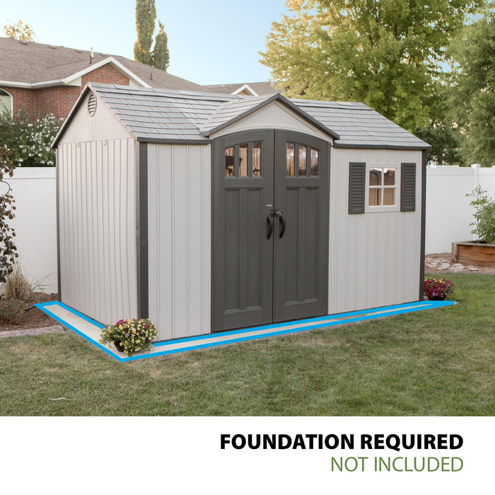 A Lifetime 12.5 Ft. X 8 Ft. Outdoor Storage Shed - 60223 in a backyard with the words foundation required.