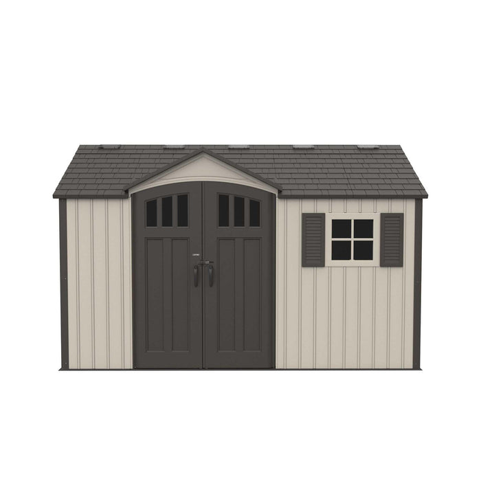 A Lifetime 12.5 Ft. X 8 Ft. Outdoor Storage Shed - 60223 with doors and windows.