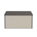 A beige and black Lifetime 12.5 Ft. X 8 Ft. Outdoor Storage Shed - 60223 shed on a white background.