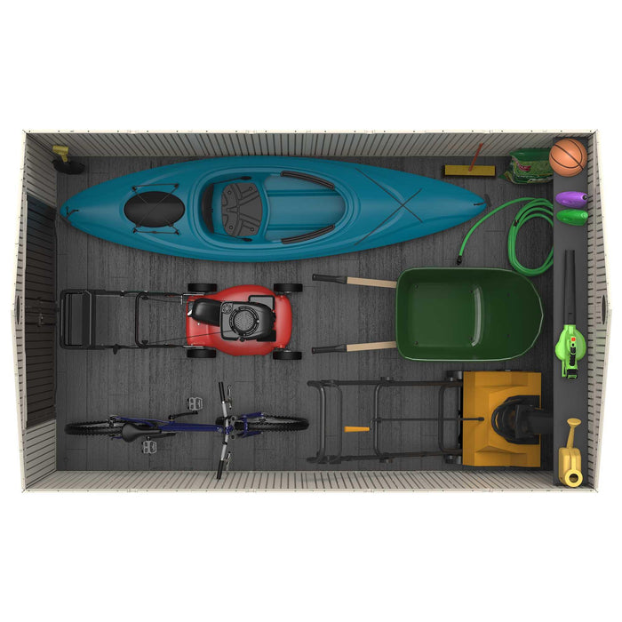 A garage with a Lifetime 12.5 Ft. X 8 Ft. Outdoor Storage Shed - 60223, kayak, bike, and other items.