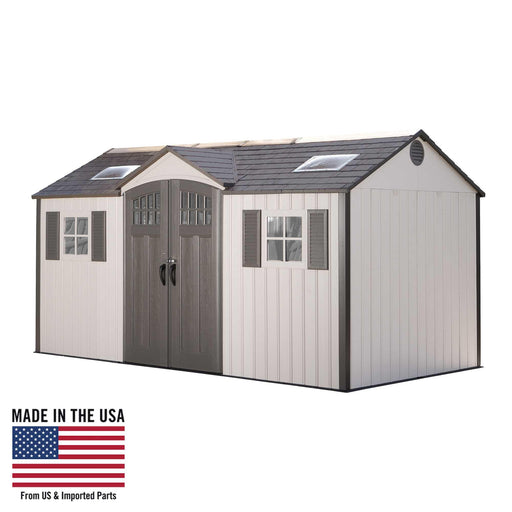 A Lifetime 15 Ft. X 8 Ft. Outdoor Storage Shed - 60138 with an american flag on it.