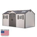 A Lifetime 15 Ft. X 8 Ft. Outdoor Storage Shed - 60138 with an american flag on it.