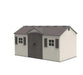 A Lifetime 15 Ft. X 8 Ft. Outdoor Storage Shed - 6446 with a grey roof and shutters.