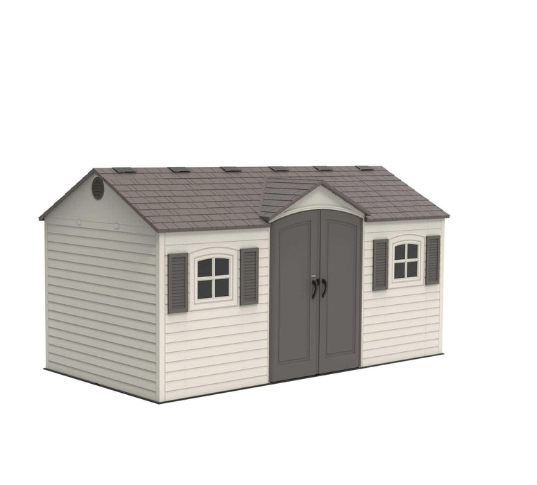 A frontside angle of Lifetime 15 Ft. X 8 Ft. Outdoor Storage Shed - 6446 with a grey roof.