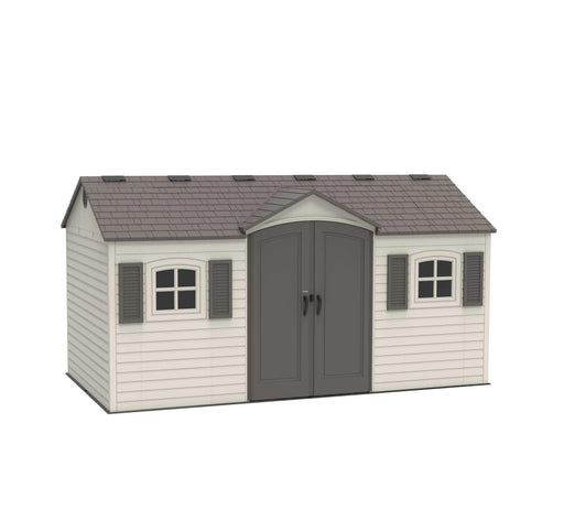 A Lifetime outdoor storage shed - 6446 with a grey roof and shutters.