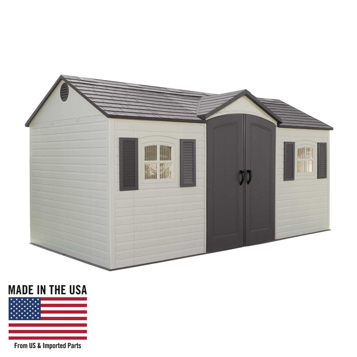 A Lifetime 15 Ft. X 8 Ft. Outdoor Storage Shed - 6446 with an american flag on it.