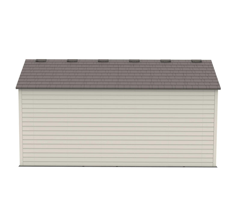 A Lifetime 15 Ft. X 8 Ft. Outdoor Storage Shed - 60079 with a grey roof on a white background.