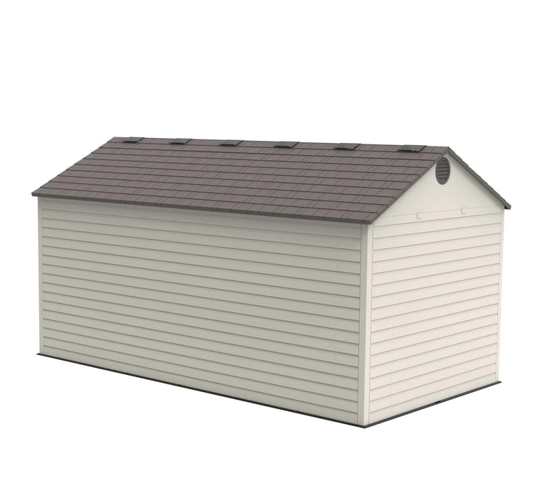 A Lifetime 15 Ft. X 8 Ft. Outdoor Storage Shed - 60079 with a brown roof.