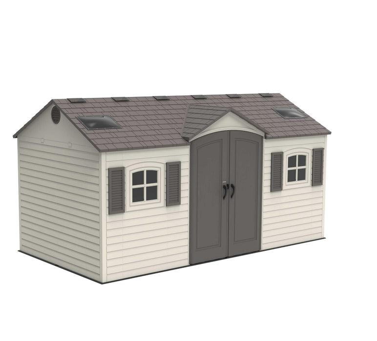A Lifetime 15 Ft. X 8 Ft. Outdoor Storage Shed - 60079 with a grey roof and shutters.