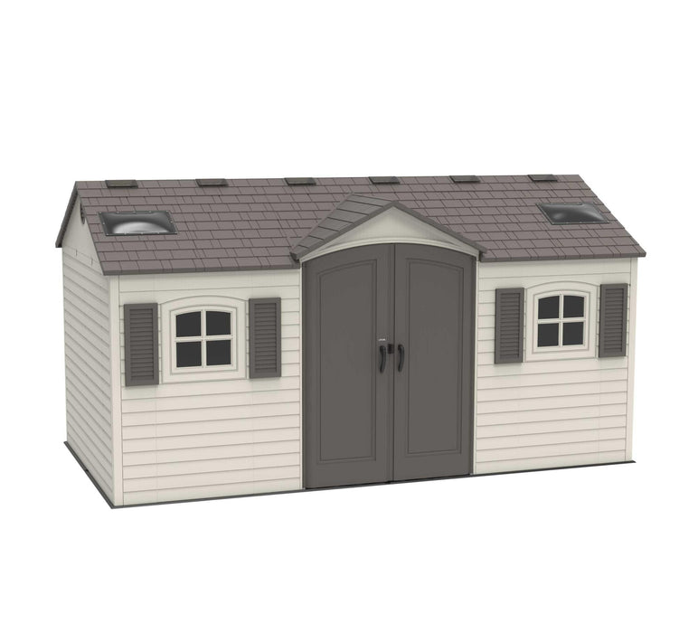 A Lifetime 15 Ft. X 8 Ft. Outdoor Storage Shed - 60079 with a grey roof and shutters.