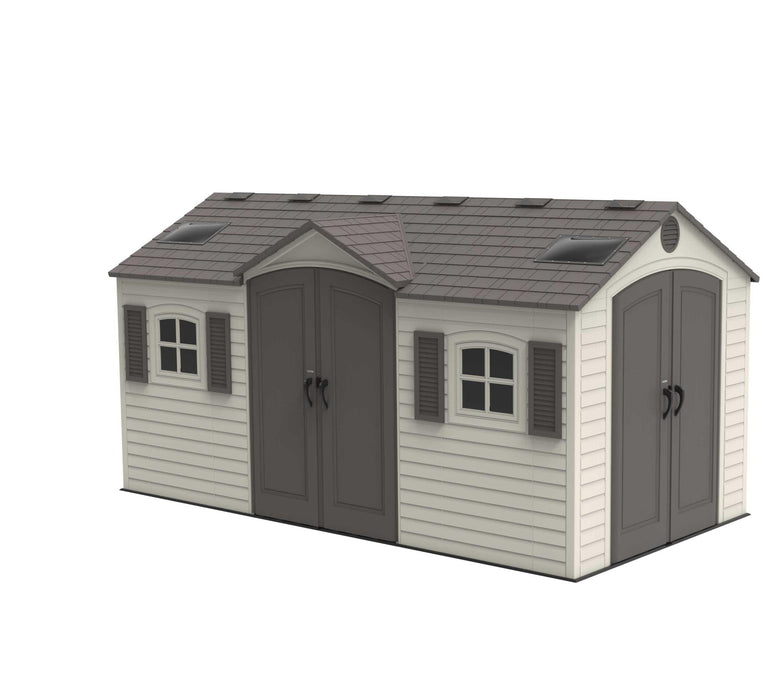 A Lifetime 15 Ft. X 8 Ft. Outdoor Storage Shed - 60079 with two doors and a roof.