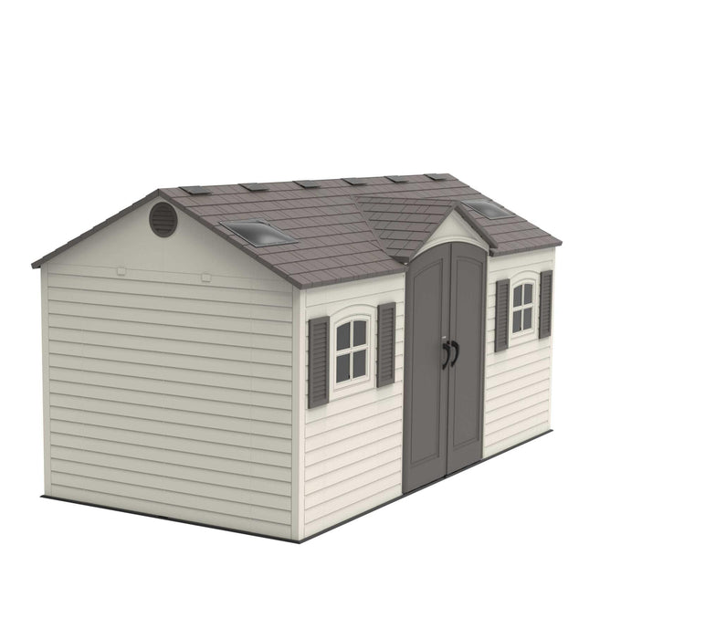 An image of a Lifetime 15 Ft. X 8 Ft. Outdoor Storage Shed - 60079 frontside angle