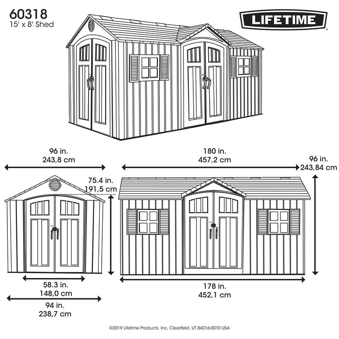 Lifetime 15 ft x 8 ft outdoor storage shed - 60318 dimensions