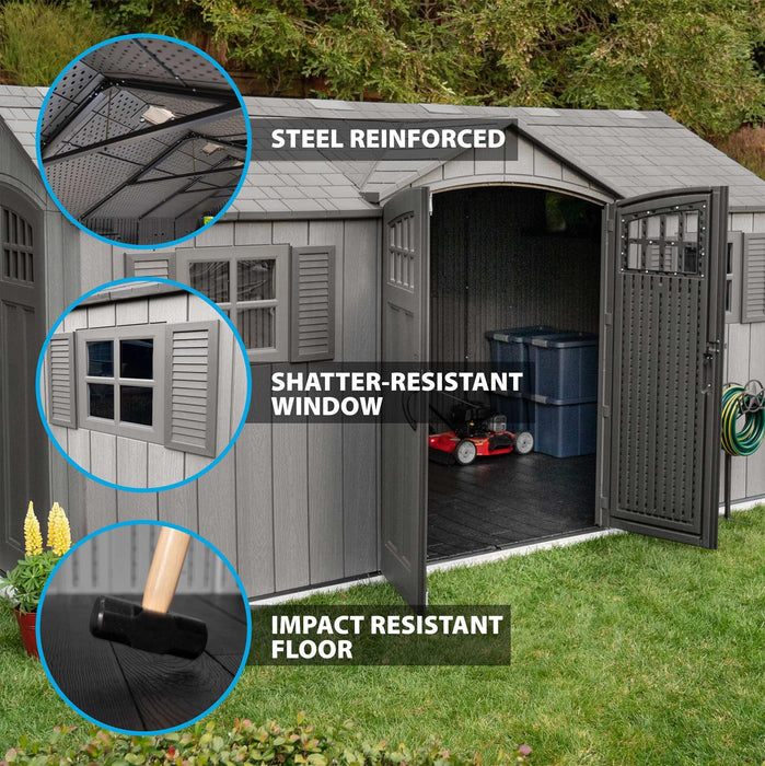 A Lifetime 15 Ft X 8 Ft Outdoor Storage Shed - 60318 shed with a window and a door.