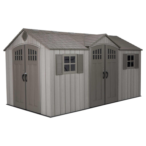 A Lifetime 15 Ft X 8 Ft Outdoor Storage Shed - 60318 with two doors and two windows.
