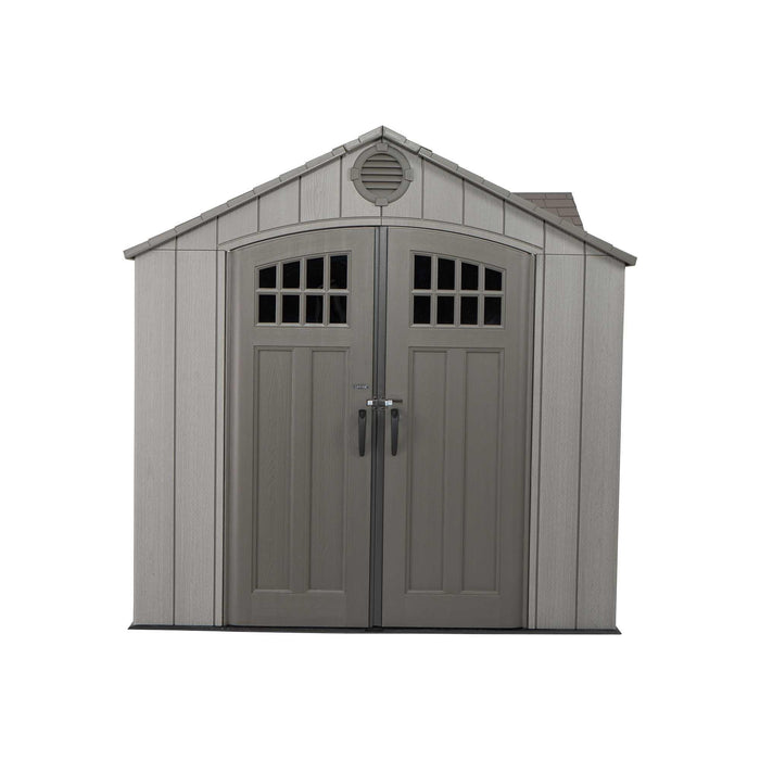 A Lifetime 15 Ft X 8 Ft Outdoor Storage Shed - 60318 with doors and windows.
