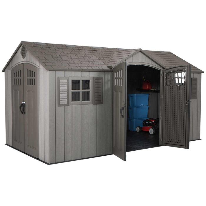 A Lifetime 15 Ft X 8 Ft Outdoor Storage Shed - 60318 with a blue door.