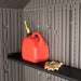 A red gas can sits on a shelf in a Lifetime 15 Ft X 8 Ft Outdoor Storage Shed - 60318.