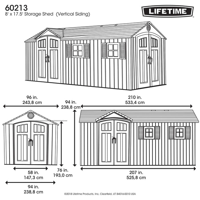 A detailed diagram showing the dimensions of a Lifetime 17.5 Ft. X 8 Ft. Outdoor Storage Shed - 60213 shed.