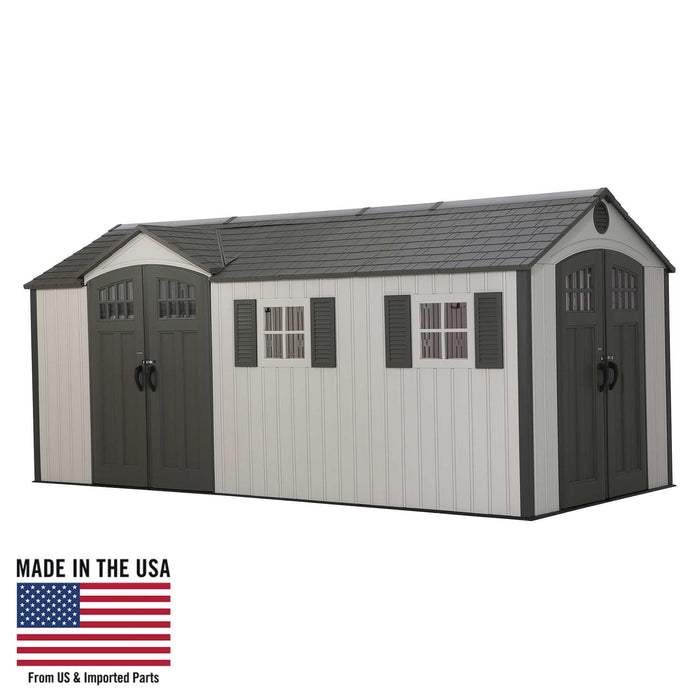 A full front view of Lifetime 17.5 Ft. X 8 Ft. Outdoor Storage Shed with featuring made in the USA