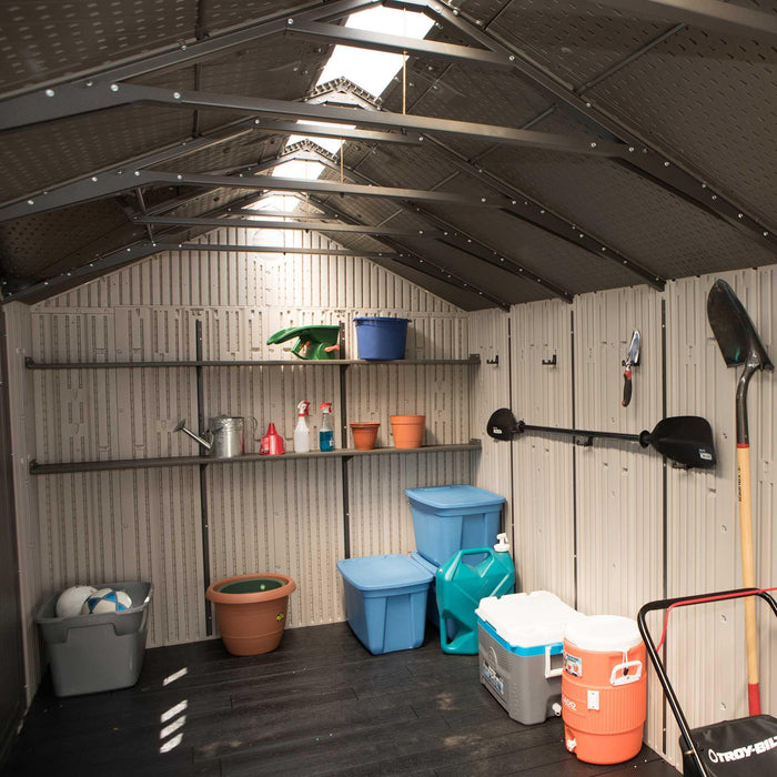 An angled view of items placed in the interiors of a storage shed.